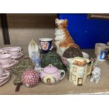 A QUANTITY OF CERAMIC ITEMS TO INCLUDE A LARGE STAFFORDSHIRE STYLE DOG, BLUE AND FLORAL URN VASE,