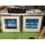 TWO LARGE FRAMED SIGNED PRINTS - 'THE VILLA' AND ' THREE PARASOLS' 77CM X 74CM