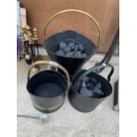 THREE METAL COAL BUCKETS AND A BRASS FIRE SIDE COMPANION SET