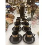 A PORTMEIRION COFFEE SET IN A RICH BROWN COLOUR 'GREEK KEY' DESIGN TO INCLUDE COFFEE POT, CREAM JUG,