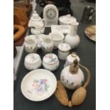 A QUANTITY OF AYNSLEY 'LITTLE SWEETHEART' CHINA TO INCLUDE A CLOCK, SMALL VASES, TRINKET BOXES, ETC