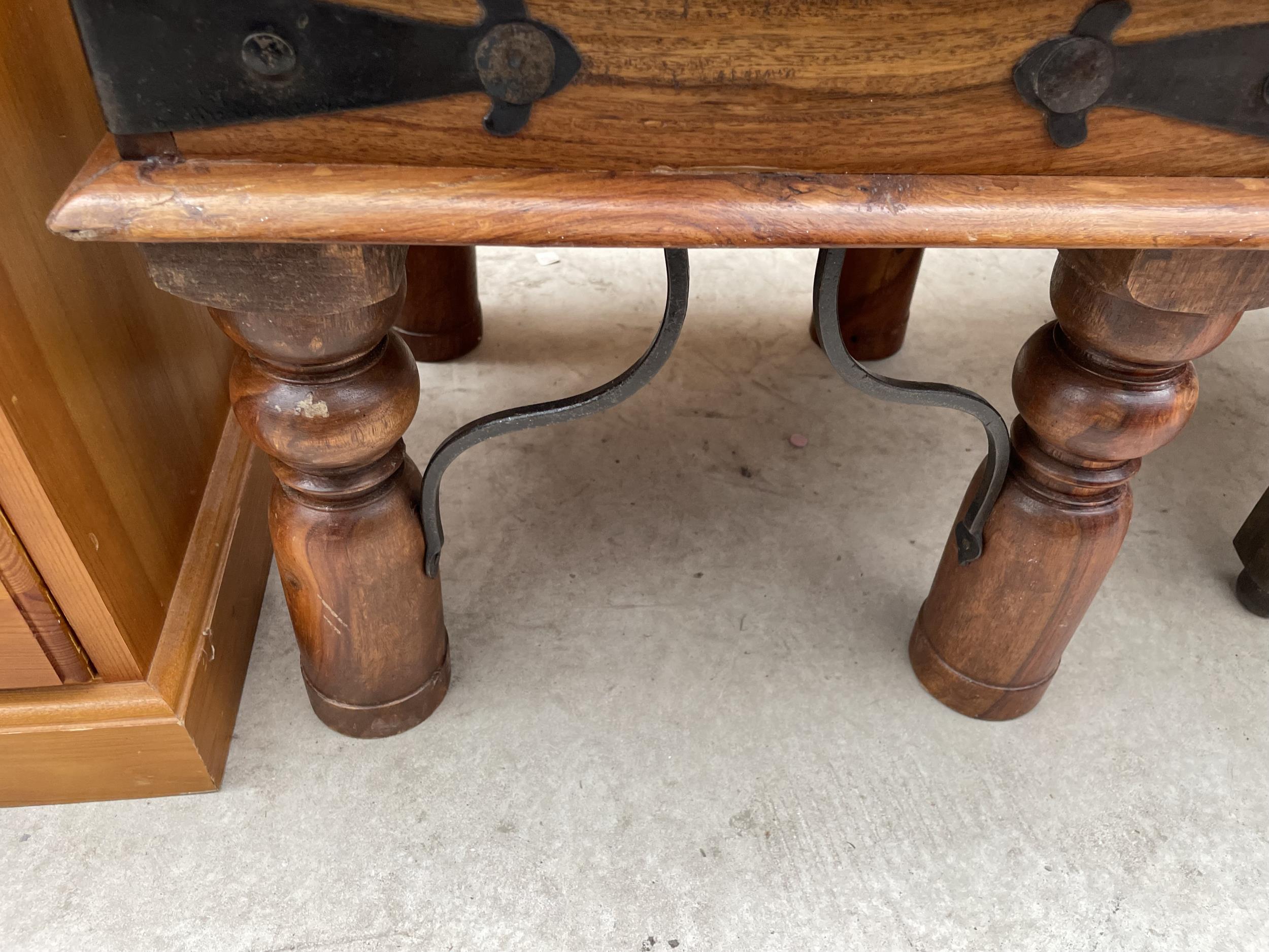 A MODERN INDIAN HARDWOOD LAMP TABLE WITH IRON WORK STUDS AND SUPPORTS, 18" SQUARE - Image 3 of 3