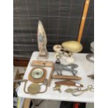 AN ASSORTMENT OF ITEMS TO INCLUDE A HORSE DOOR STOP, KITCHEN SCALES AND A BRASS BOTTLE OPENER ETC