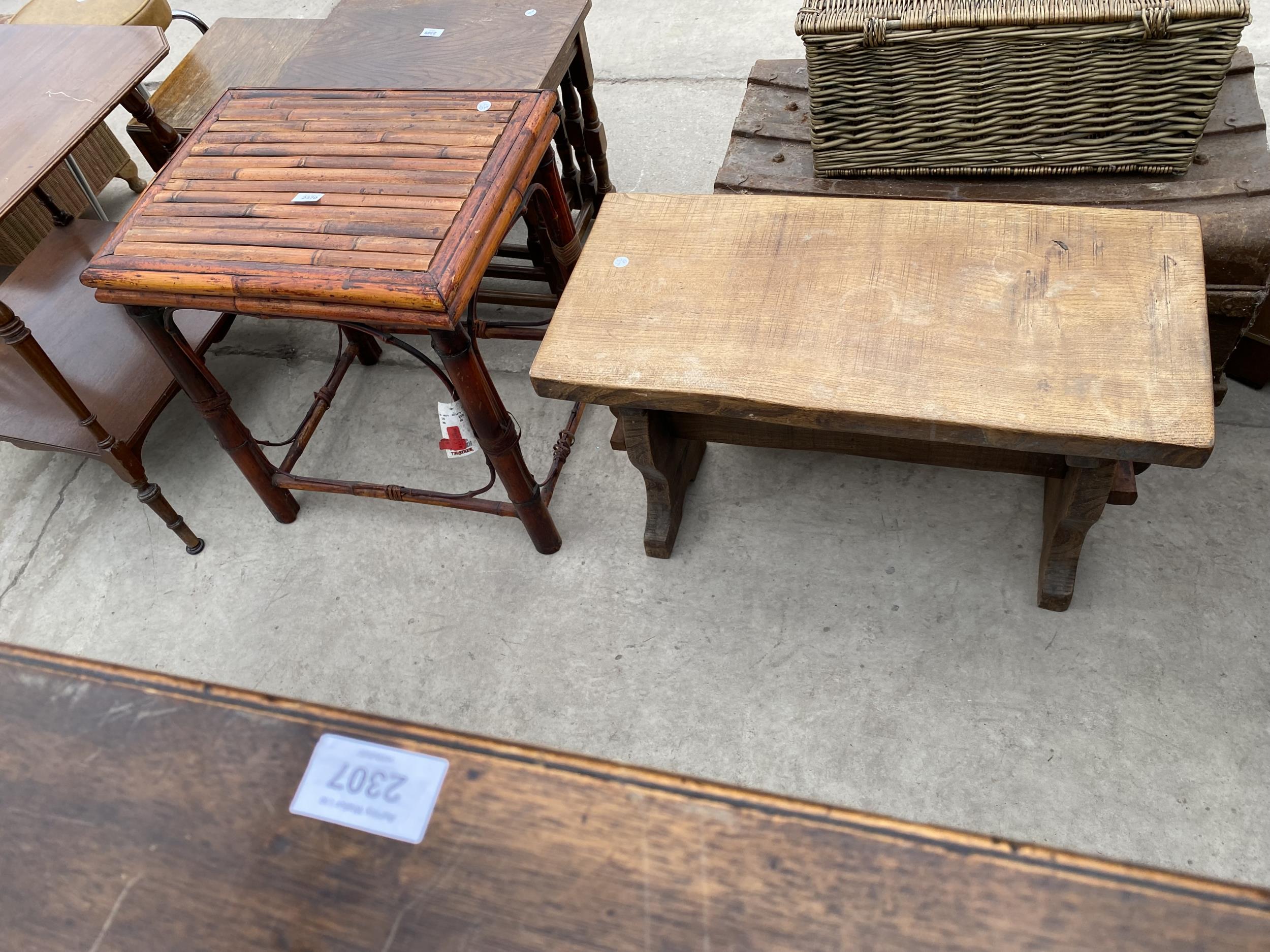 A BAMBOO LAMP TABLE AND BEECH STOOL 28X13"