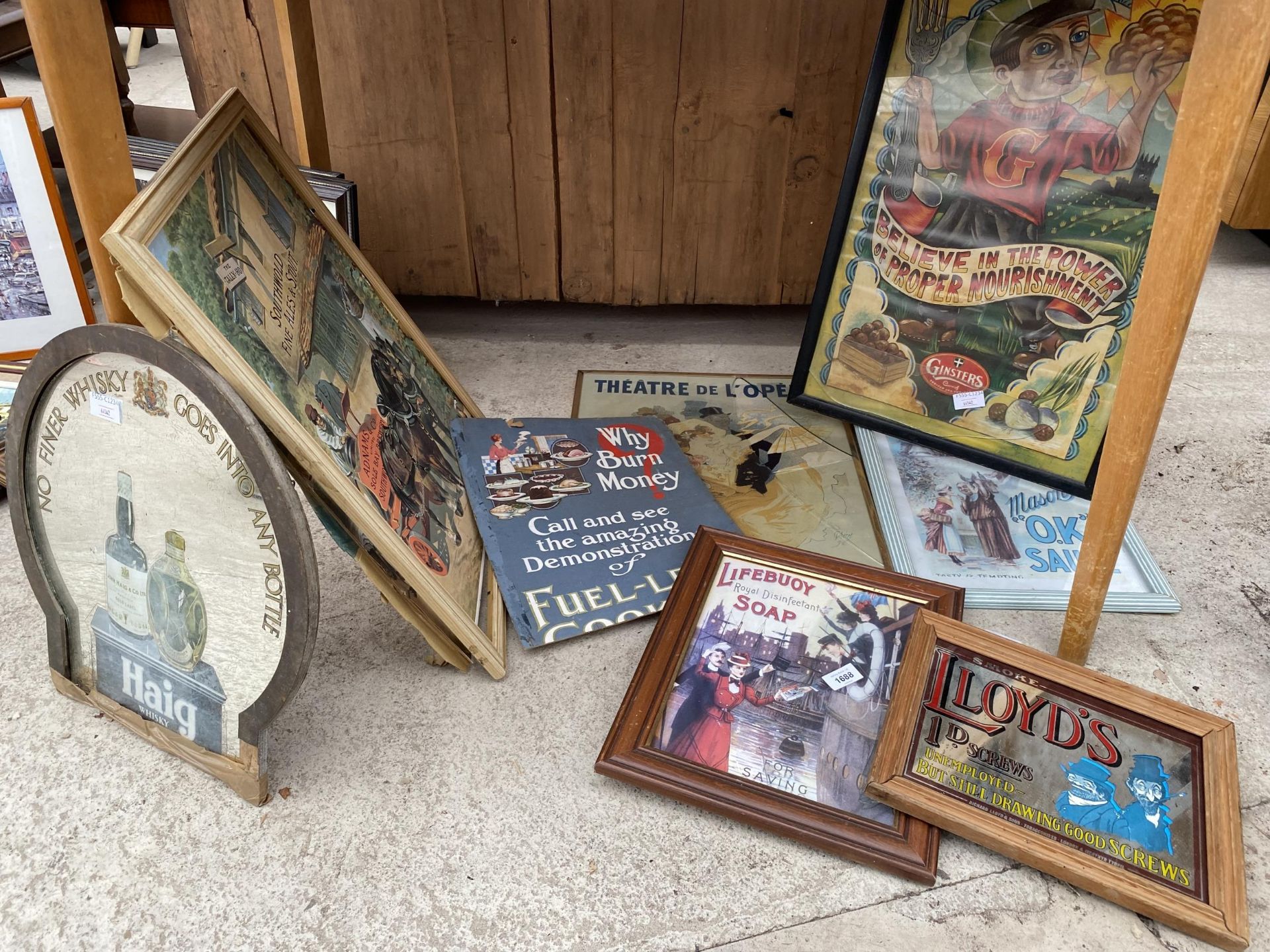 AN ASSORTMENT OF ADVERTISING MIRRORS AND POSTERS ETC