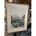 A LARGE GILT FRAMED WATERCOLOUR OF BOATS IN A HARBOUR SIGNED 87CM X 106CM