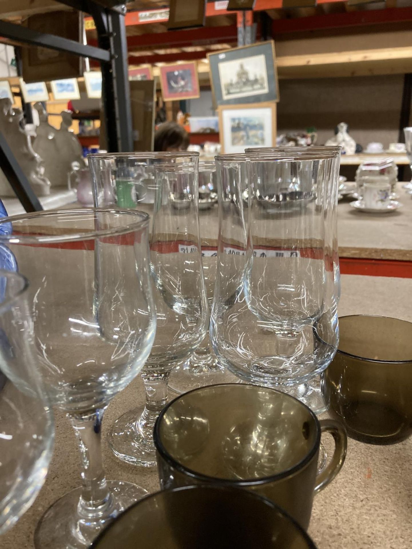 A QUANTITY OF WINE GLASSES, SMOKY GLASS CUPS AND SAUCERS, ETC - Image 3 of 3