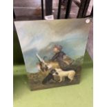 AN OIL ON BOARD OF A HUNTSMAN WITH HIS DOGS 35.5CM X 46CM