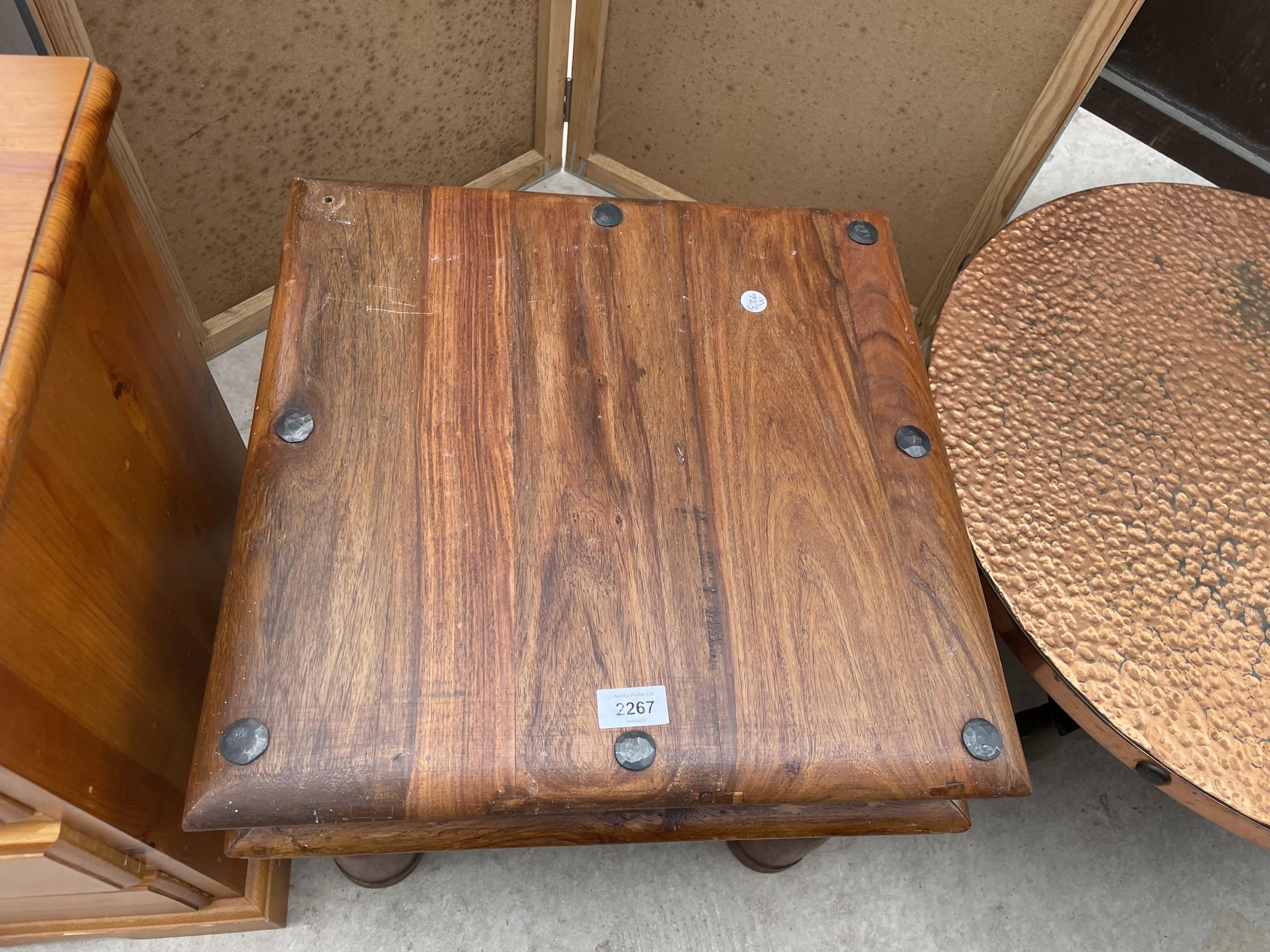 A MODERN INDIAN HARDWOOD LAMP TABLE WITH IRON WORK STUDS AND SUPPORTS, 18" SQUARE - Image 2 of 3
