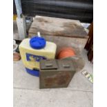 AN ASSORTMENT OF ITEMS TO INCLUDE A WOODEN STORAGE BOX, A KNAPSACK SPRAYER AND A ROLL OF ROPE ETC