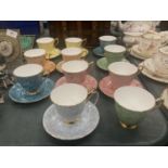 A QUANTITY OF ROYAL ALBERT 'GOSSAMER' CUPS AND SAUCERS IN DIFFERENT COLOURS ( 10 IN TOTAL )