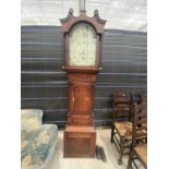 A 19TH CENTURY OAK AND CROSSBANDED 8 DAY LONGCASE CLOCK WITH ENAMEL DIAL