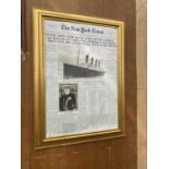 A LARGE GILT FRAMED PRINT OF 'THE NEW YORK TIMES' REPORTING ON THE TITANIC