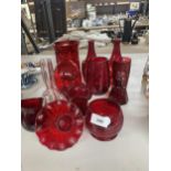 A QUANTITY OF CRIMSON COLOURED GLASSWARE TO INCLUDE VASES, BOWLS