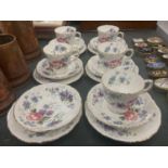 FIVE CHINA CROWN STAFFORDSHIRE FLORAL DECORATED TRIOS, ETC