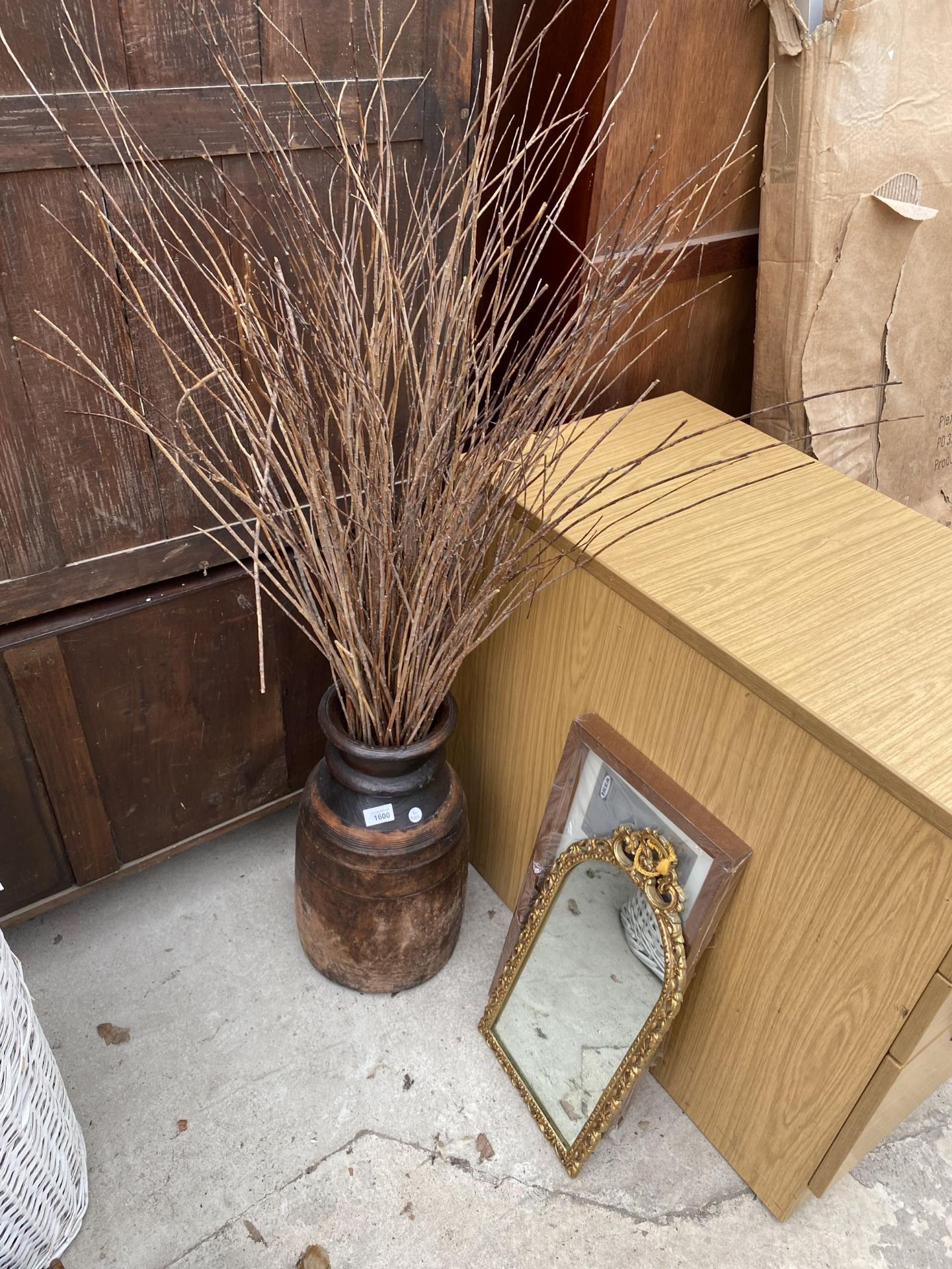 A TREEN VASE, A GILT FRAMED MIRROR AND A PICTURE FRAME