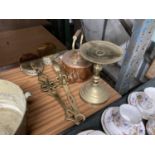 TWO BRASS CHESTNUT ROASTERS A BRASS TRIVET AND A COPPER KETTLE