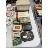 A QUANTITY OF VINTAGE AVERTISING TINS TO INCLUDE A SANDWICH BOX, SQUIRREL CONFECTIONS, KEMPS