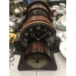 FIVE VINTAGE MAHOGANY CASED CLOCKS TO INCLUDE METAMEC, SMITHS, ETC - SOME A/F