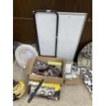 AN ASSORTMENT OF ITEMS TO INCLUDE A TOILET SEAT, GUTTER JOINTS AND A WHITE BOARD ETC