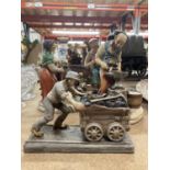 FOUR CONTINENTAL STYLE FIGURINES TO INCLUDE A LADY AND DONKEY, COBBLER, MINER, ETC