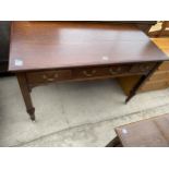 A LATE VICTORIAN OAK SIDE-TABLE ENCLOSING THREE DRAWER, ON TURNED AND FLUTED LEGS, 51" WIDE