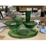 SIX PIECES OF GREEN CLOUD GLASSWARE TO INCLUDE LARGE BOWLS, ONE OF WHICH IS HEXAGONAL, VASE, TRAY,