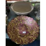 A LARGE CRANBERRY BOWL WITH GILT SWIRLS DIAMETER 39 CM PLUS A LARGE WASH BOWL