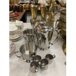 A STAINLESS STEEL TEASET TO INCLUDE A TEAPOT, HOT WATER JUG, SUGAR BOWL, CREAM JUG, SMALL MILK