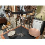 MID 19C AVERY SHOP SCALES WITH COPPER TRAYS APPROX 70CM HIGH