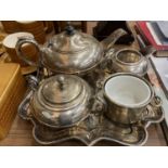 A SILVER PLATED TEASET TO INCLUDE A TRAY, TEAPOT, CREAM JUG AND TWO SUGAR BOWLS