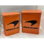 TWO ORANGE McCLAREN STORAGE TINS