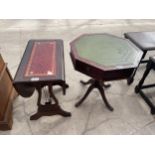 A REPRODUCTION MINIATURE LIBRARY STYLE TABLE AND LYRE END DROP-LEAF TABLE