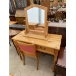 A MODERN PINE DRESSING TABLE WITH SWING FRAME MIRROR AND CHAIR 39" WIDE