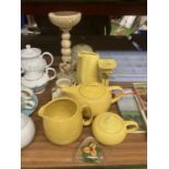 AN ART DECO STYLE TEAPOT, JUGS AND SUGAR BOWL, VINTAGE LAMP SHADE ORIENTAL STYLE CANDLESTICK, ETC