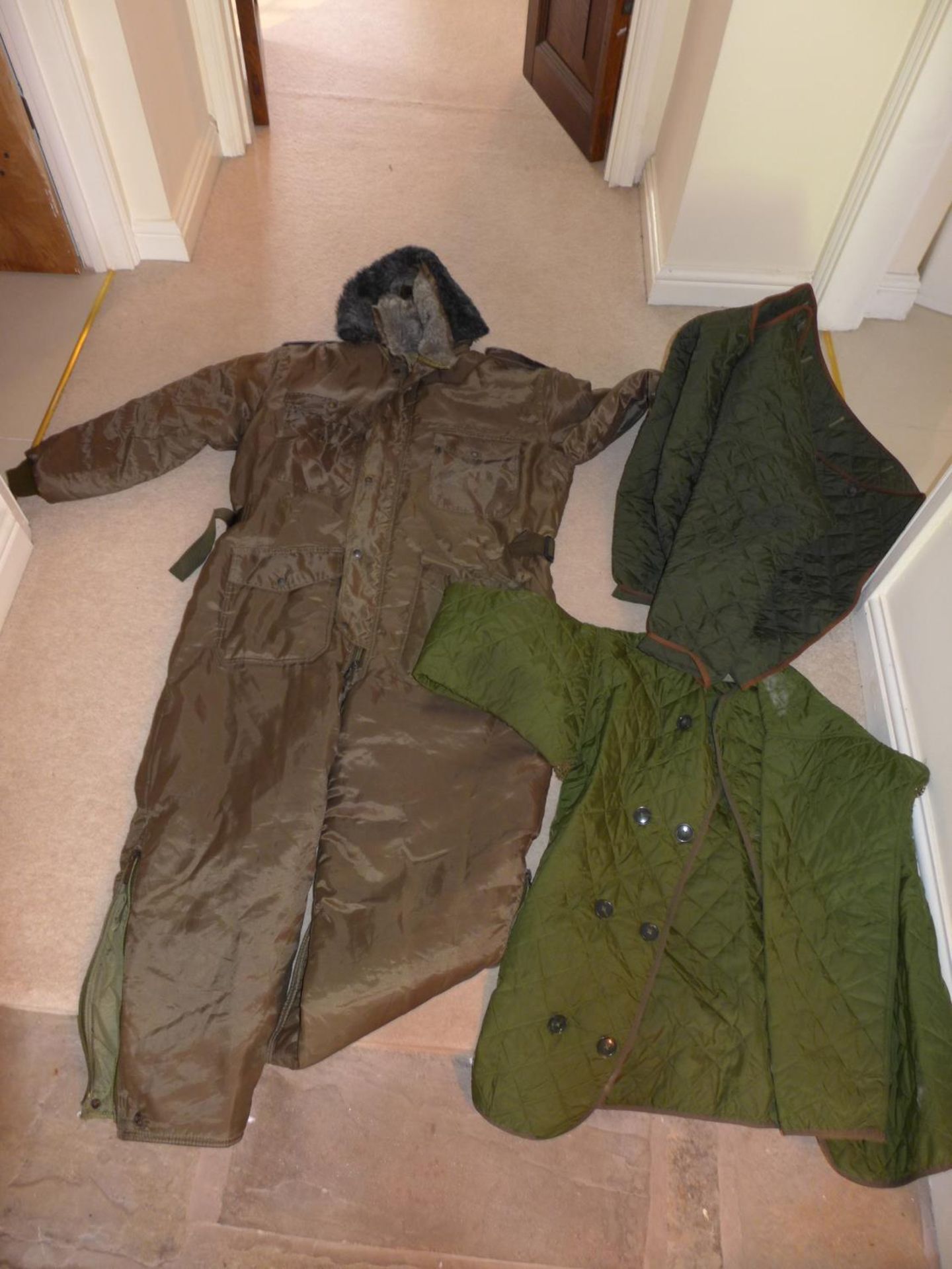 A MILITARY/FISHING/SHOOTING ALL IN ONE INSULATED SUIT, SIZE XL AND TWO QUILTED JACKETS (3)