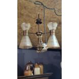 1950'S THREE ARMED GLASS AND METAL CEILING LAMP APPROX 52CM HIGH