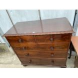 A 19TH CENTURY MAHOGANY CHEST OF TWO SHORT AND THREE LONG GRADUATED DRAWERS WITH PIE CRUST EDGE ON