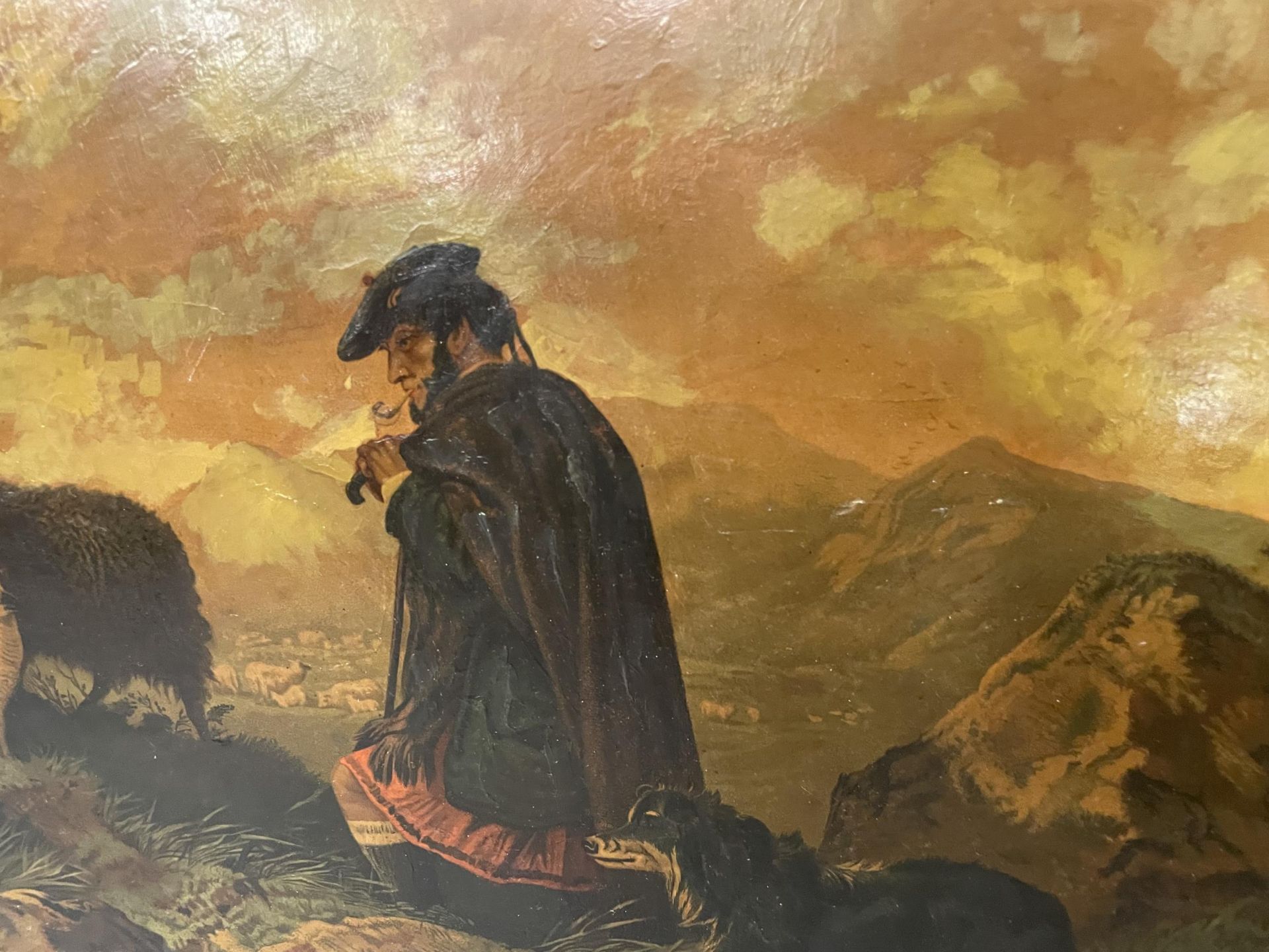 A BELIEVED VICTORIAN OLEOGRAPH OF A SCOTTISH SHEPHERD WITH SHEEP ON A MOUNTAINSIDE IN A GILT FRAME - Image 2 of 4