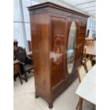 AN EDWARDIAN MAHOGANY AND INLAID MIRROR-DOOR WARDROBE WITH TWO DRAWERS TO THE BASE, 75" WIDE, 25"