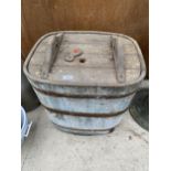 A VINTAGE WOODEN STORAGE BIN WITH LID