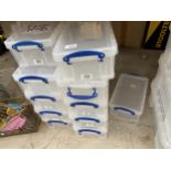 ELEVEN SMALL PLASTIC LIDDED STORAGE BOXES