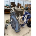 AN ASSORTMENT OF ITEMS TO INCLUDE VINTAGE GOLF CLUBS AND A CANDLE STAND ETC