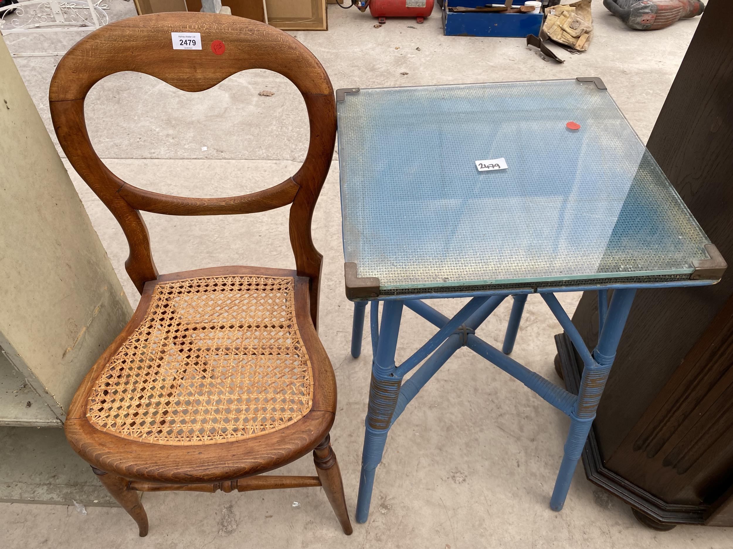 A 16" SQUARE LLOYD LOOM STYLE TABLE AND SATINWOOD BEDROOM CHAIR