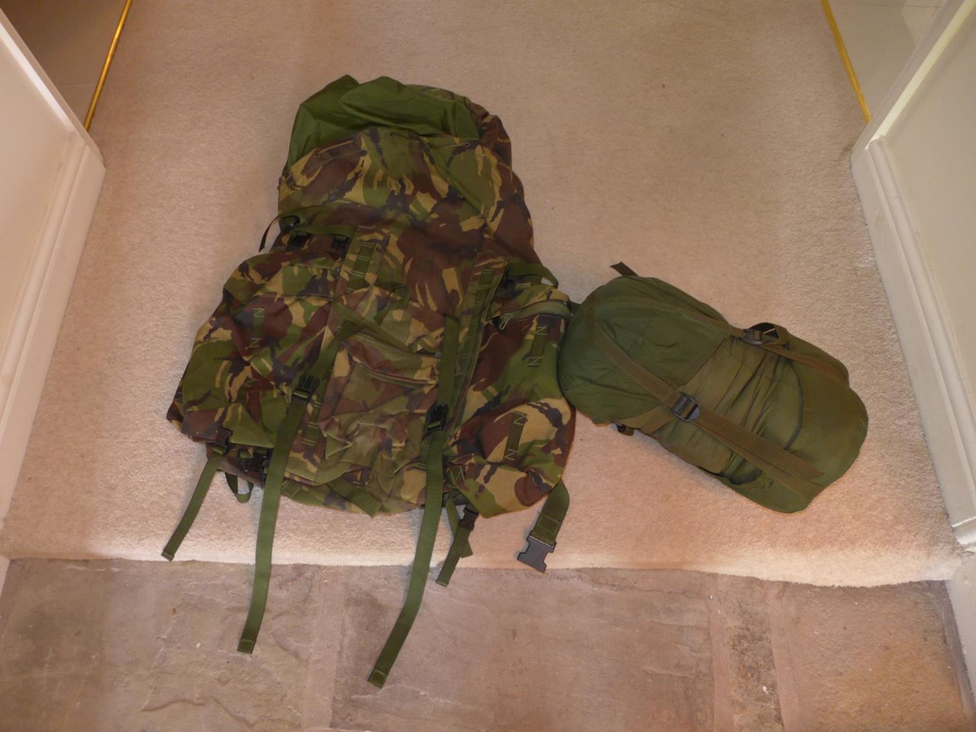 A BRITISH ARMY BERGEN BACKPACK AND A COMPRESSION BAG (2)