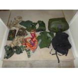 A COLLECTION OF MILITARY EQUIPMENT, BACKPACK, SLEEPING BAG, HARNESS, BERGHANS BAGS ETC