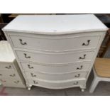 A CREAM AND GILT SERPENTINE FRONTED CHEST OF FIVE DRAWERS, 36" WIDE, ON CABRIOLE LEGS