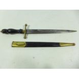 A 19TH CENTURY DAGGER AND SCABBARD, 21CM BLADE, BRASS MOUNTS, TURNED WOOD GRIP
