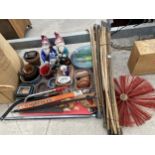 A LARGE ASSORTMENT OF ITEMS TO INCLUDE GNOMES, DRAINING RODS AND SAWS ETC