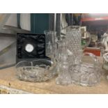 A QUANTITY OF GLASSWARE TO INCLUDE JUGS, BOWLS, ETC PLUS A DARTINGTON CRYSTAL BOXED CLOCK